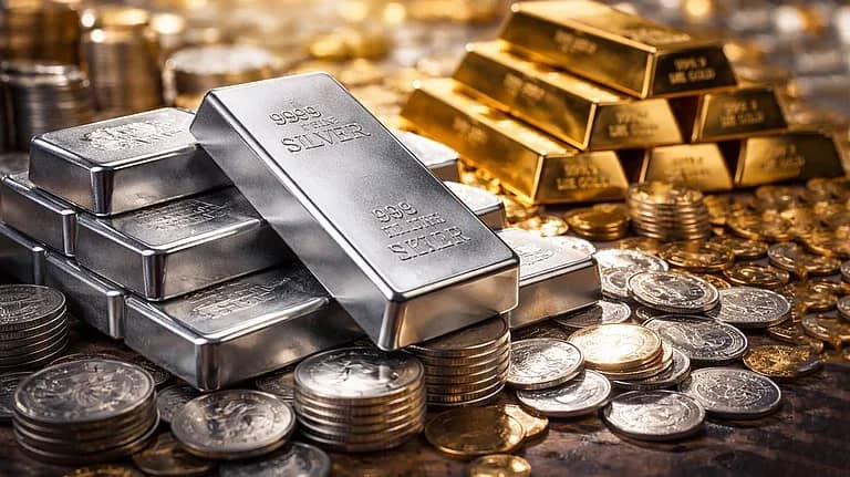 چاندی اور سونے کے سکے اور بارز کا ڈھیر